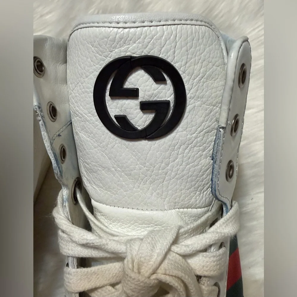Gucci White High-Top Sneakers with Green and Red Web Stripe - Picture 5 of 12